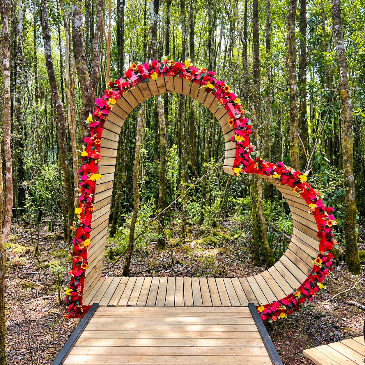 Arco floral en forma de corazón entre los árboles