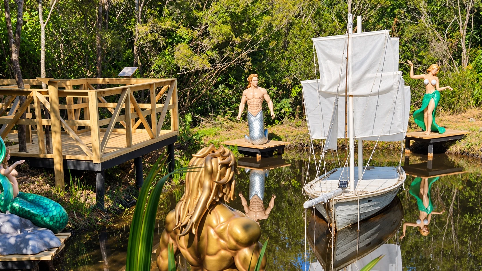 Esculturas mitológicas y barco en el agua del refugio