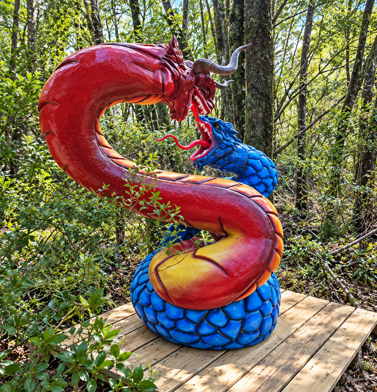 Escultura de criatura mitológica entre los árboles