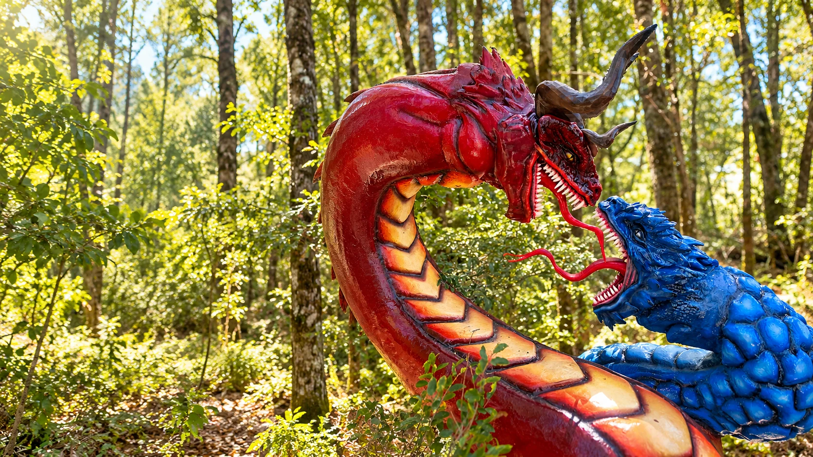Esculturas de TenTen Vilú y Caicai Vilú en el bosque del refugio